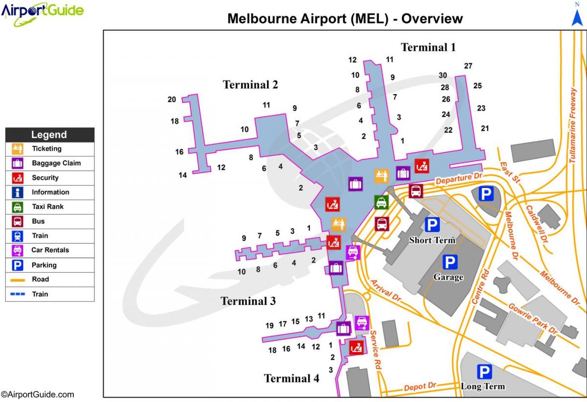 карта тэрміналаў аэрапорта Мельбурна
